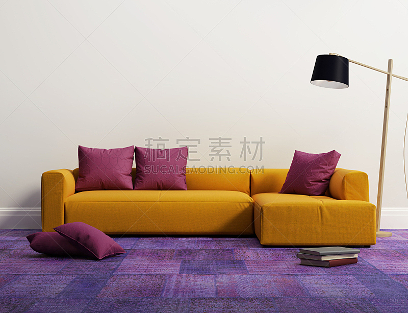 沙发,室内,极简构图,高雅,黄色,白灰泥,灵感,水平画幅,墙,天花板