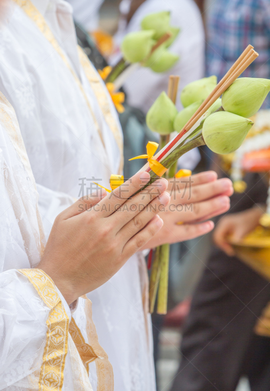 熏香,拿着,蜡烛,新的,莲花坐式,垂直画幅,符号,人,特写,泰国