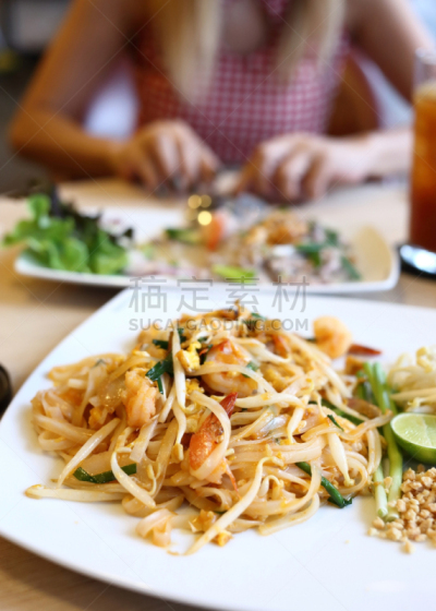 传统,泰国食品,泰国,泰式炒面,蔬菜,清新,食品,豆芽,柠檬,餐具