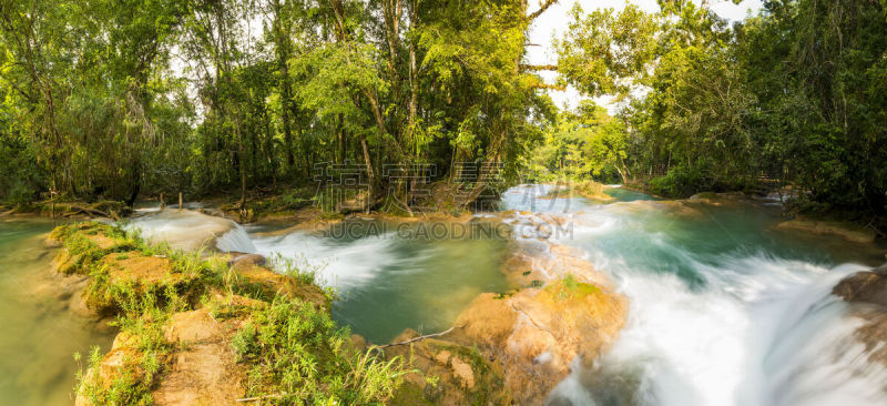 全景,agua azul cascades,水,水平画幅,枝繁叶茂,瀑布,无人,热带雨林,户外,干净