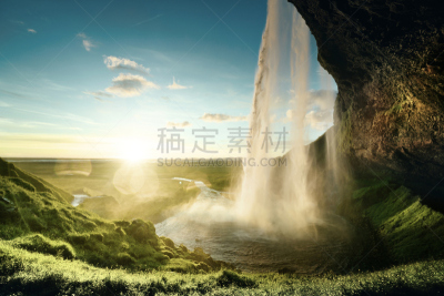 夏天,冰岛国,瀑布,水,天空,能源,石材,草,著名景点,小溪