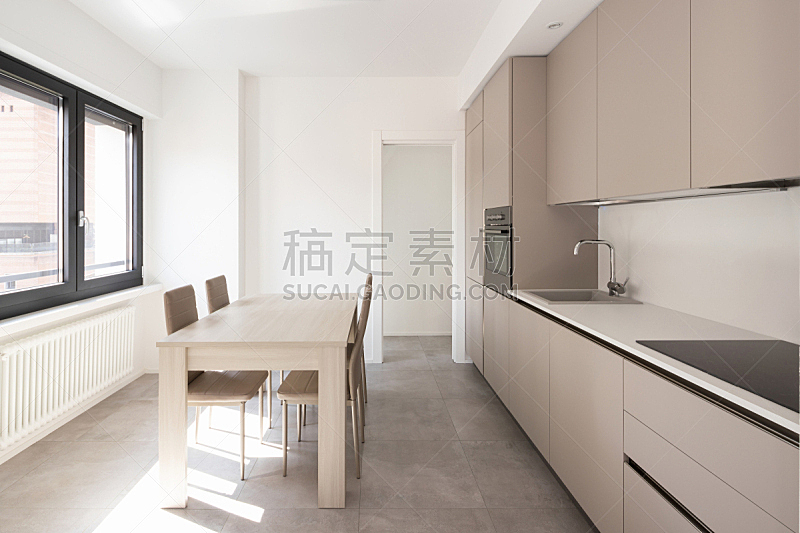 公寓,极简构图,厨房,留白,水平画幅,无人,椅子,现代,白色,空的