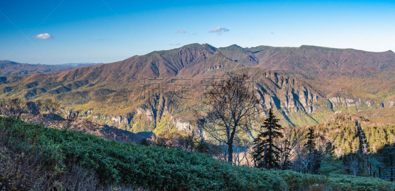 日本,山谷,风景,北海道,山,居住区,斑点,在底端,一只动物,获胜