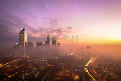 北卡罗来纳,夏洛特,黎明,雾,能源,夜晚,曙暮光,美洲,都市风景,多车道公路
