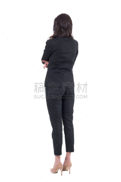 女商人,背面视角,好奇心,双臂交叉,专业人员,背景分离,肖像,参观者,全身像,影棚拍摄
