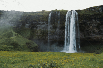 瀑布,冰岛国,seljalandsfoss waterfall,无人,图像,户外,水平画幅,绿色,地形,摄影