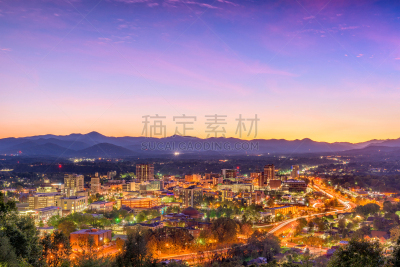 美国,北卡罗来纳,艾许维尔,城镇景观,水平画幅,夜晚,无人,曙暮光,夏天,户外