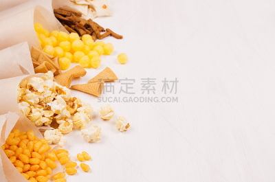 留白,白色,金色,木制,辣玉米片,特写,圆锥,油煎面包碎片,手艺,小吃