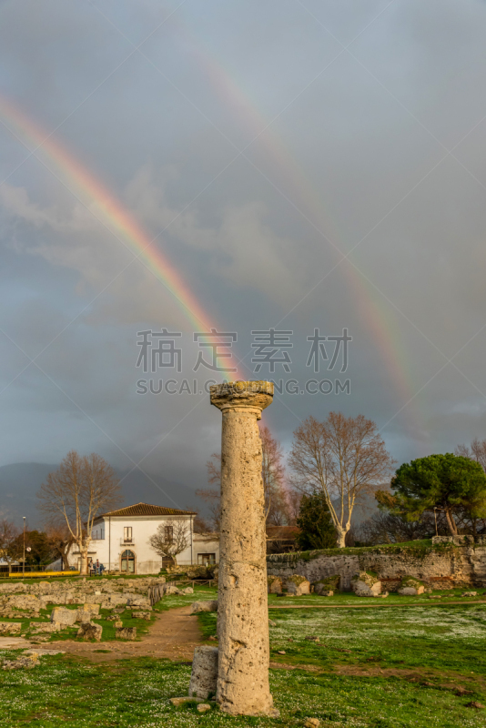 佩西特姆,彩虹,意大利,柱子,垂直画幅,寺庙,古老的,旅行者,考古学,远古的