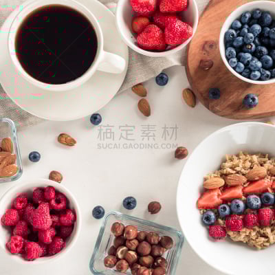 麦片,螺母,食品,早餐,咖啡,木制,背景聚焦,白色,早晨,健康保健