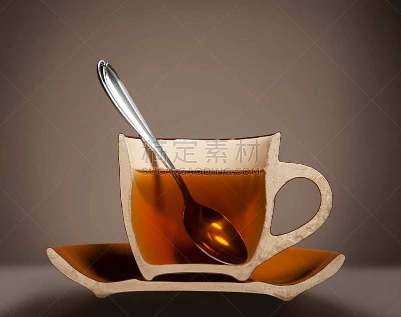 杯,茶,一半的,汤匙,褐色,水平画幅,组物体,饮料,特写,清新