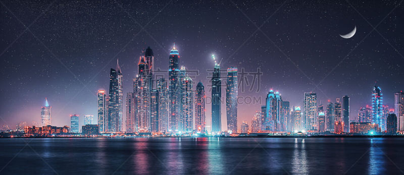 月亮,迪拜码头,在下面,天空,夜晚,铝,都市风景,现代,建筑业,海滩