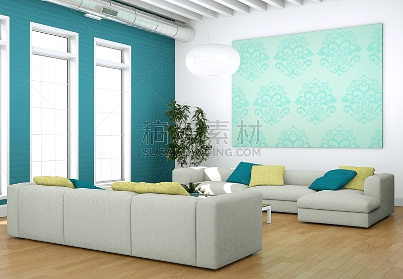 沙发,现代,起居室,明亮,蓝色,室内设计师,围墙,灰色,模板,装饰物