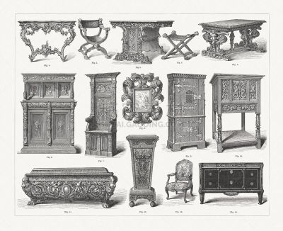 Furniture of different styles from Gothic to Rococo: 1) 1) Rococo console from Karlsruhe Palace, Germany; 2) Chair made of nut wood, German Renaissance, Bavarian National Museum in Munich, Germany; 3) Late Gothic table, Germanisches Nationalmuseum, Nuremb