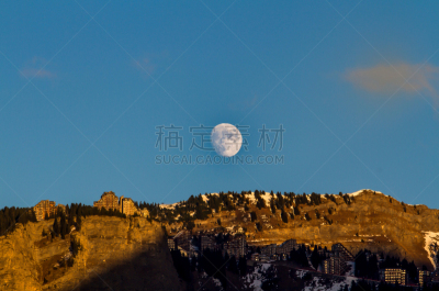 天空,悬崖,蓝色,月亮,浴盆,充满的,金色,morzine,阿沃里阿兹,超级月亮