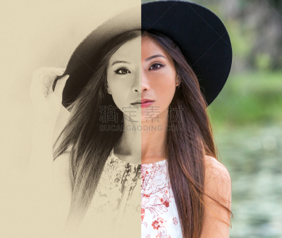 青年女人,中国人,户外,棕褐色调,黑白图片,青年人,彩色图片,分割画面,自然美