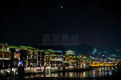 城镇,凤凰,古董,水平画幅,山,夜晚,无人,月亮,古老的,夏天