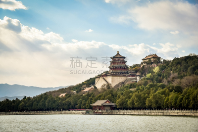 中国,远古的,建筑外部,昆明湖,颐和园,屋檐,天空,公园,水平画幅,山
