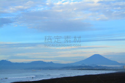 富士山,海洋,藤泽市,海滩,水平画幅,无人,日本,户外,太平洋,神奈川县
