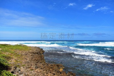 北部岸,夏威夷,瓦胡岛,海龟湾度假村,风景,草坪,太平洋岛屿,长椅,视点,火山岩