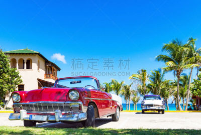 汽车,瓦拉德罗,白色,红色,古巴,敞篷车,旅游目的地,静止的,蓝色,海滩