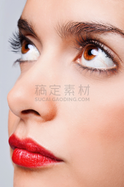 褐色眼睛,嘴唇,红色,红色的口红,垂直画幅,美,彩妆,面无表情,睫毛膏,侧面像