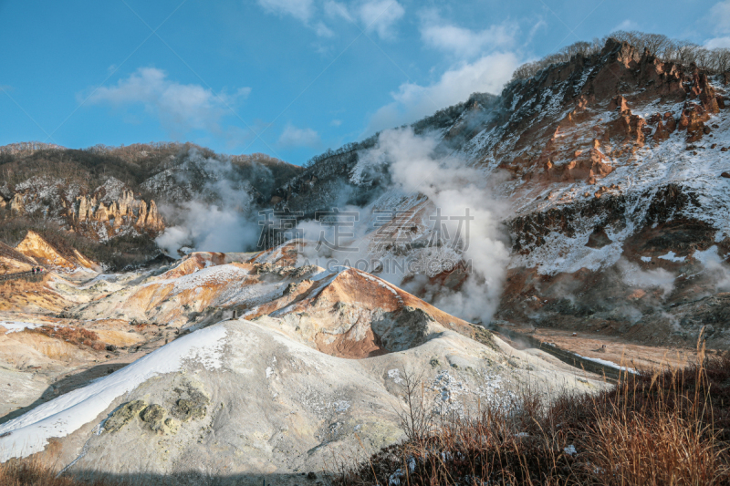 冬天,地狱,日本,北海道,山谷,地狱谷,地形,火山地形,户外,红色