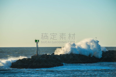 波浪,码头,雷东多比奇,加利福尼亚,水边,曙暮光,黄昏,鸟类,海岸线,阴影