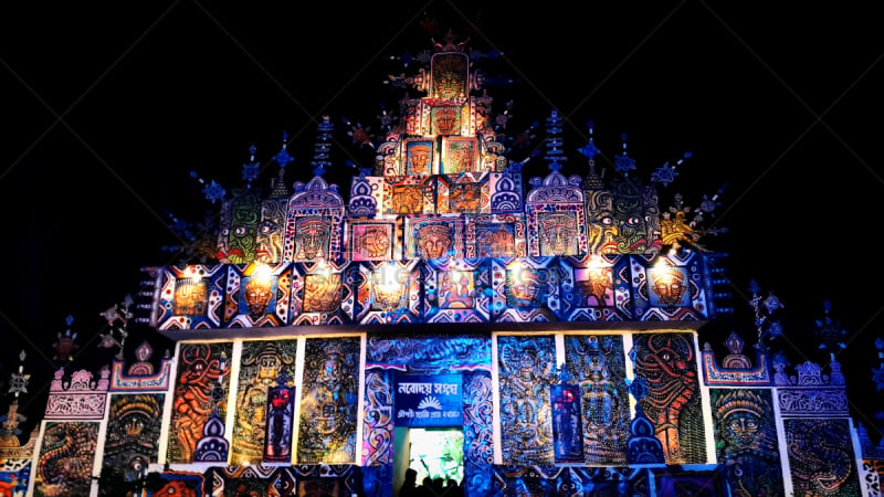 美,夜晚,durga puja festival,加尔各答,帐篷,水平画幅,全身像,人,特写,印度