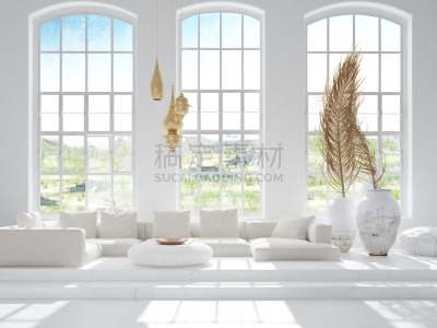 Light and spacious bohemian living room, Scandi–Boho style, 3d render