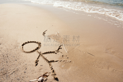 简笔人物画,手牵手,波浪,夏天,沙子,热,白昼,两个人,溅,绘制