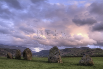 石圈,过去,纪念碑,史前时代,水平画幅,绿色,山,无人,英格兰,石材