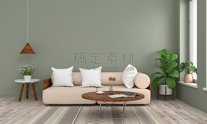 沙发,三维图形,木制,绿色,起居室,圆桌,空的,泰国,地板,干酪藤