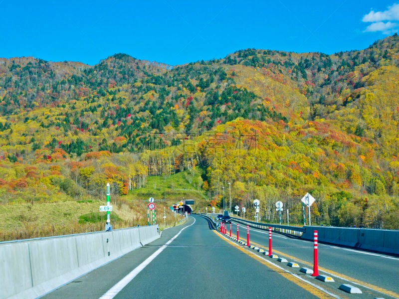 秋天,北海道,乡村路,季节,水平画幅,山,无人,田地,风景,公路隧道