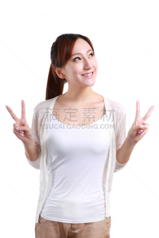 分离着色,女孩,白色背景,v sign,垂直画幅,美,女人,可爱的,露齿笑