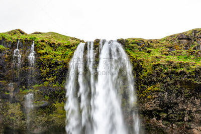 长时间曝光,苔藓,水,悬崖,特写,夏天,平滑的,seljalandsfoss waterfall,绿色,冰岛国
