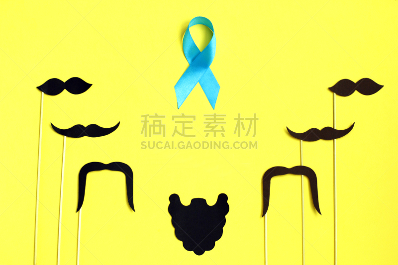纸,黄色背景,男人,概念,络腮胡子,小胡子,前列腺癌,缎带,蓝色