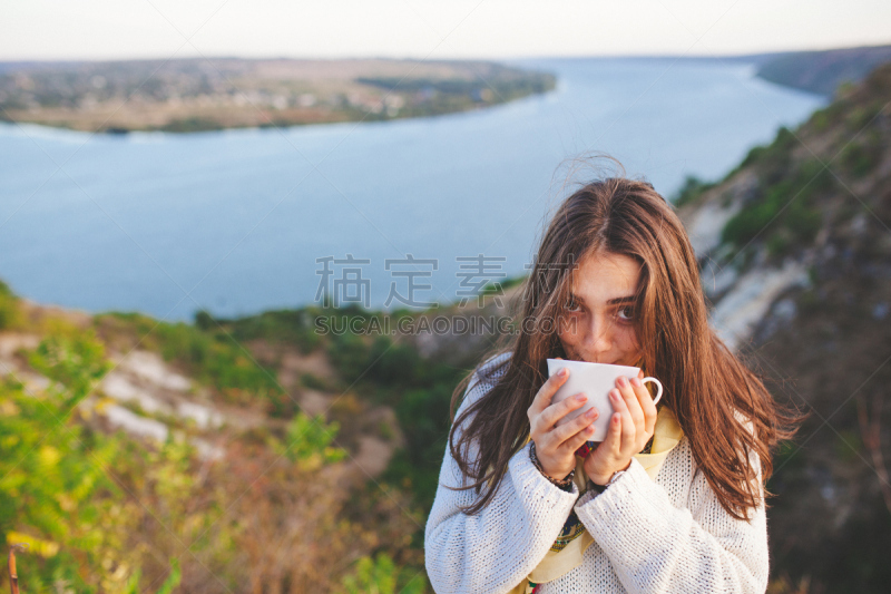 咖啡,少女,美,青少年,留白,水平画幅,美人,早晨,夏天,偏远的
