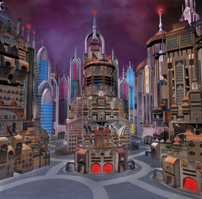 Modern cityscape of an unknown place in the deep space – 3D illustration