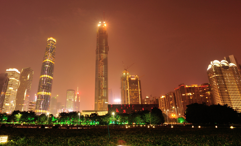 夜晚,广州,天空,留白,水平画幅,绿色,无人,蓝色,建筑外部,户外预览效果