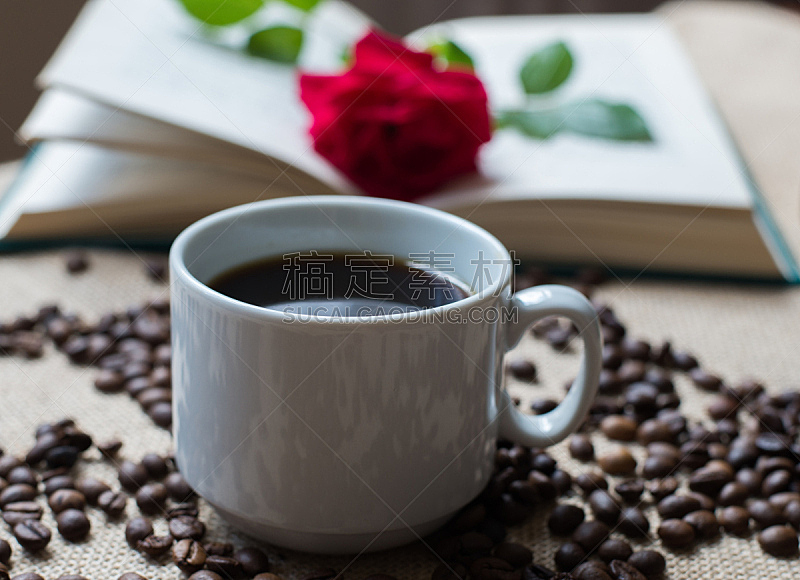 咖啡杯,背景,咖啡豆,白色,书,烤咖啡豆,水平画幅,无人,研磨咖啡,摄影