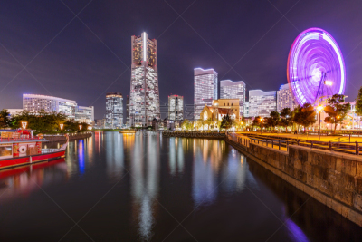 横滨,夜晚,山下公园,横滨高速铁路,办公园区,摩天轮,神奈川县,天空,水平画幅,无人