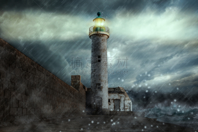 海岸线,暴风雨,灯塔楼,普罗普里亚诺,夜晚,地平线上的风暴,照明设备,法国,风,环境