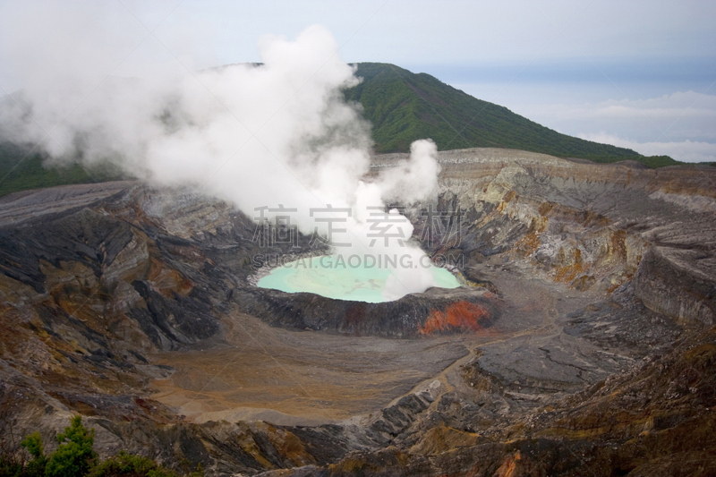 波阿斯火山,喷气孔,硫磺,热,云景,云,湖,植物,户外,火山