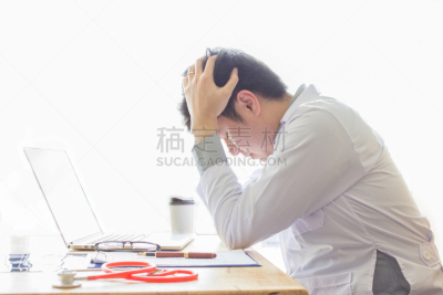 办公室,医院,医生,书桌,压力,耳机,过度劳累,疲劳的,实验室,筋疲力尽