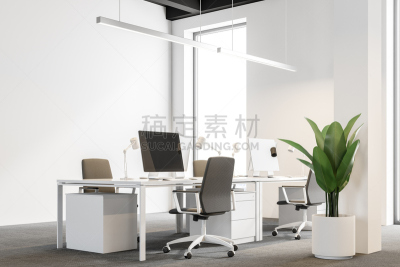 现代,办公室,书桌,角度,白色,墙,商务,空的,计算机,技术