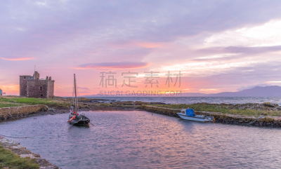 城堡,船,两个物体,苏格兰,水,天空,石墙,水平画幅,云,无人