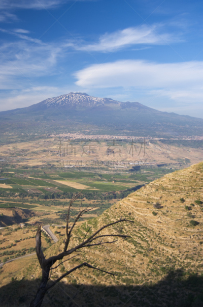 埃特纳火山,火山,垂直画幅,天空,山,无人,巨大的,户外,田地,植物