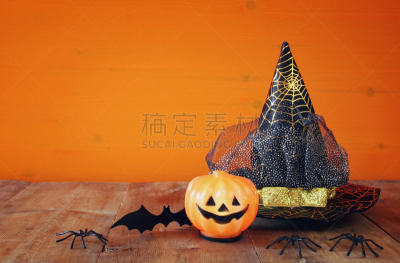 可爱的,南瓜,巫婆帽,概念,褐色,水平画幅,木制,秋天,夜晚