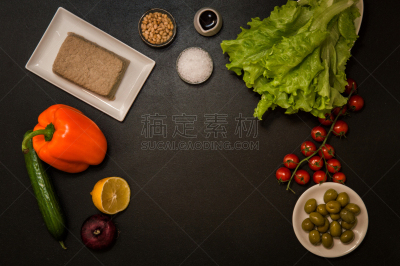 素食,成分,植物,意大利食品,留白,平铺,希腊沙拉,黑色背景,传统,蔬菜